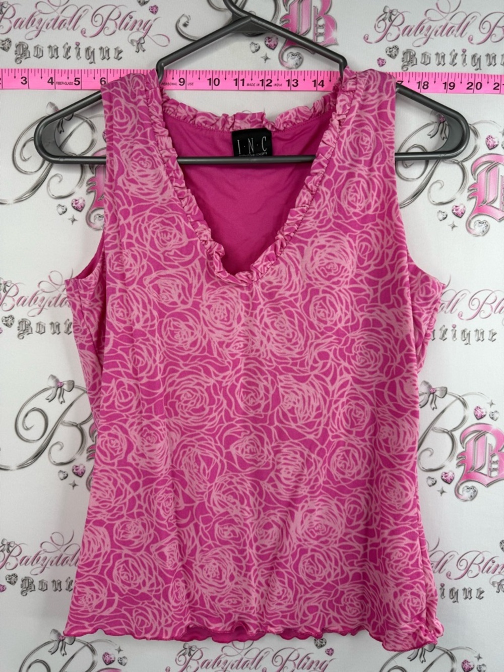 INC International Concepts tank top y2k ruffle Pink Floral Sleeveless V-Neck Top